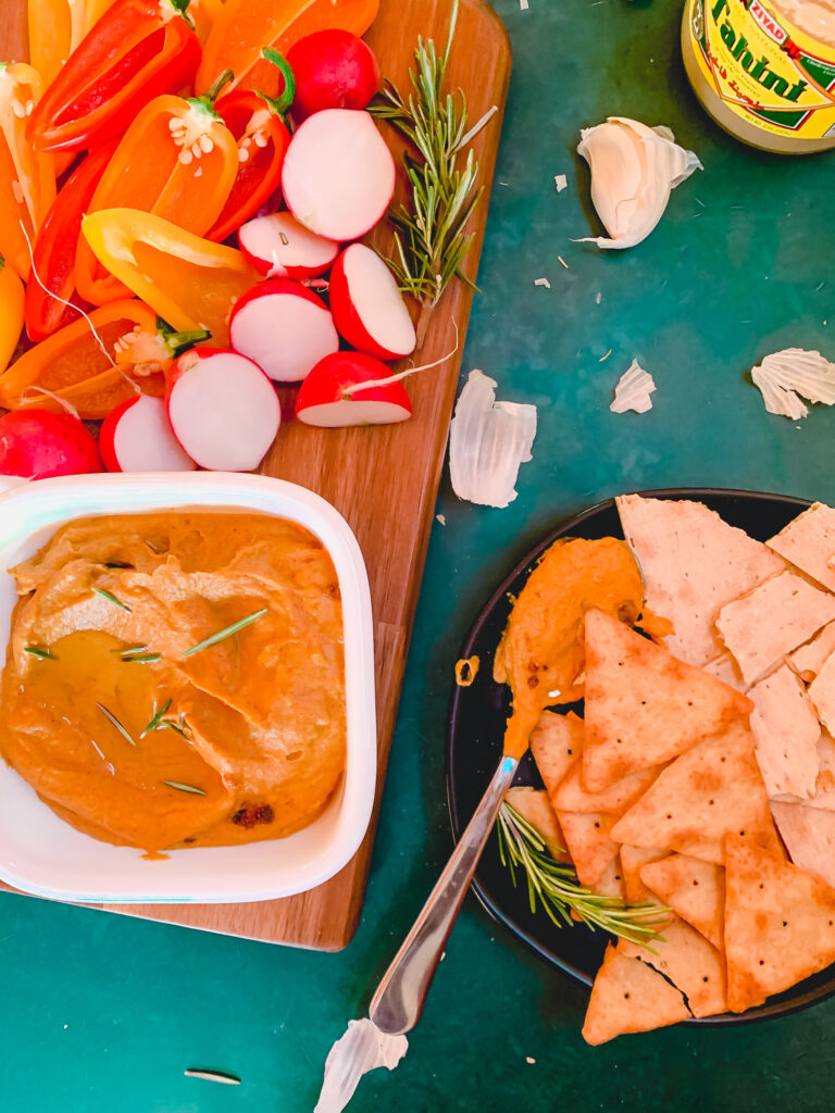 Pita chips with sweet potato baba ganoush and tahini