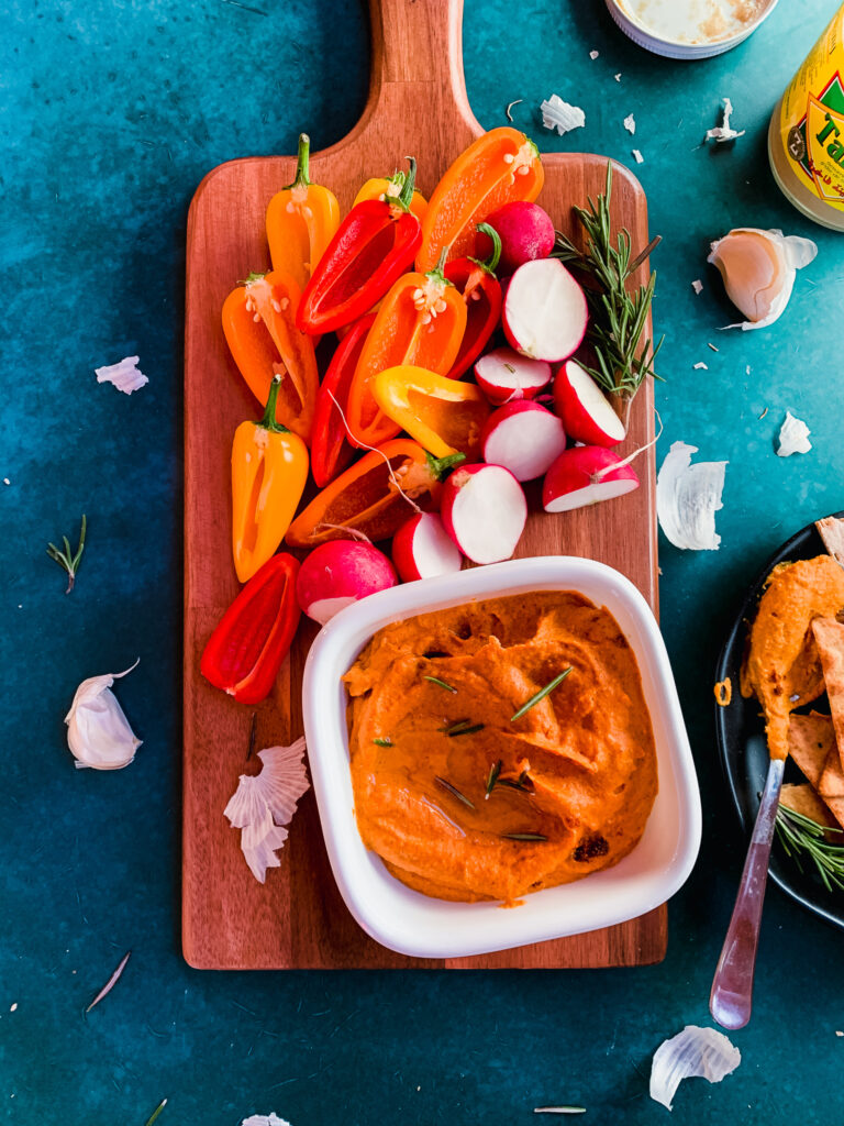 Crudite board with sweet potato baba ganoush